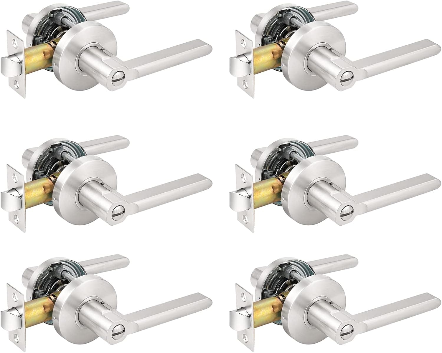 Probrico Satin Nickel Privacy Door Levers, Flat Interior Bath/Bed Door Handles, Reversible for Right & Left Handed Bedromm/Bathroom Doors, 6 Pack
