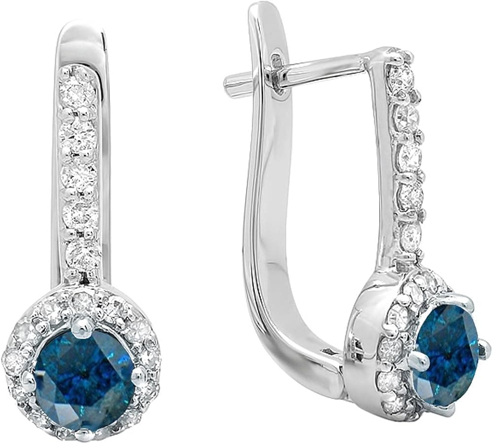 Dazzlingrock Collection 14K Round 4 MM Each Gemstone & White Diamond Ladies Fine Halo Hoop Earrings, White Gold