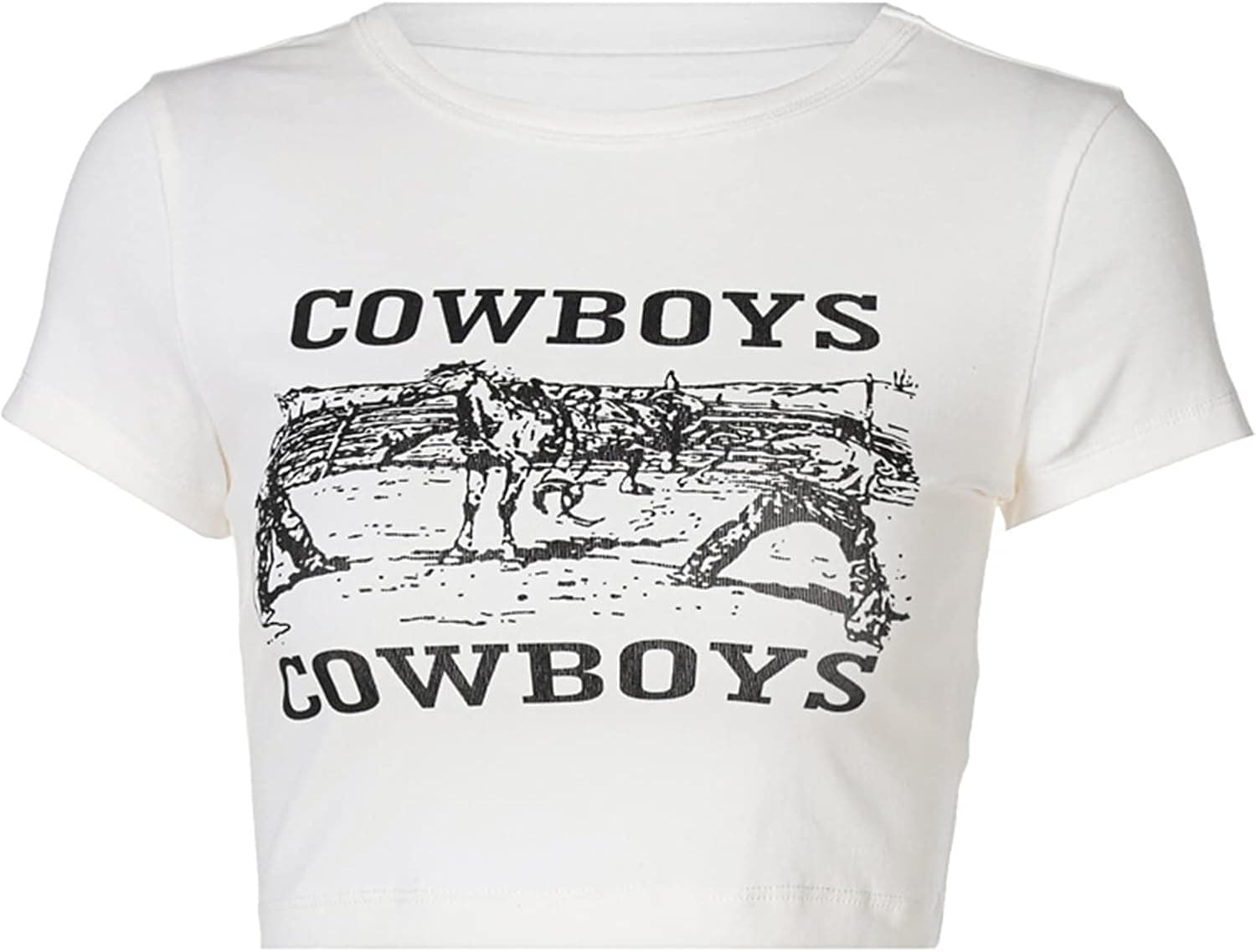 Avanova Women's Cowboys Graphic Letter Print Short Sleeve Tee Round Neck Slim Fit Crop Top T Shirt White Medium