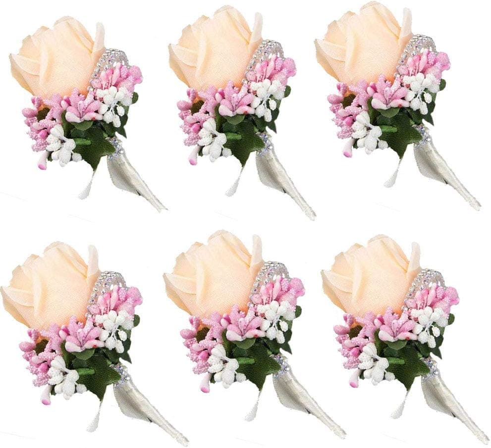 WeddingBobDIY 6Pieces/lot Groom Boutonniere Buttonholes Groomsman Silk Artificial Rose Wedding Flowers Brooch Pin Accessories Prom Suit Decoration (Champagne-6)