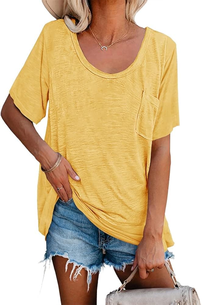 Womens Tunic T Shirts Short Sleeve Round Neck Soft Loose Shirts Summer Casual Tops with Pocket