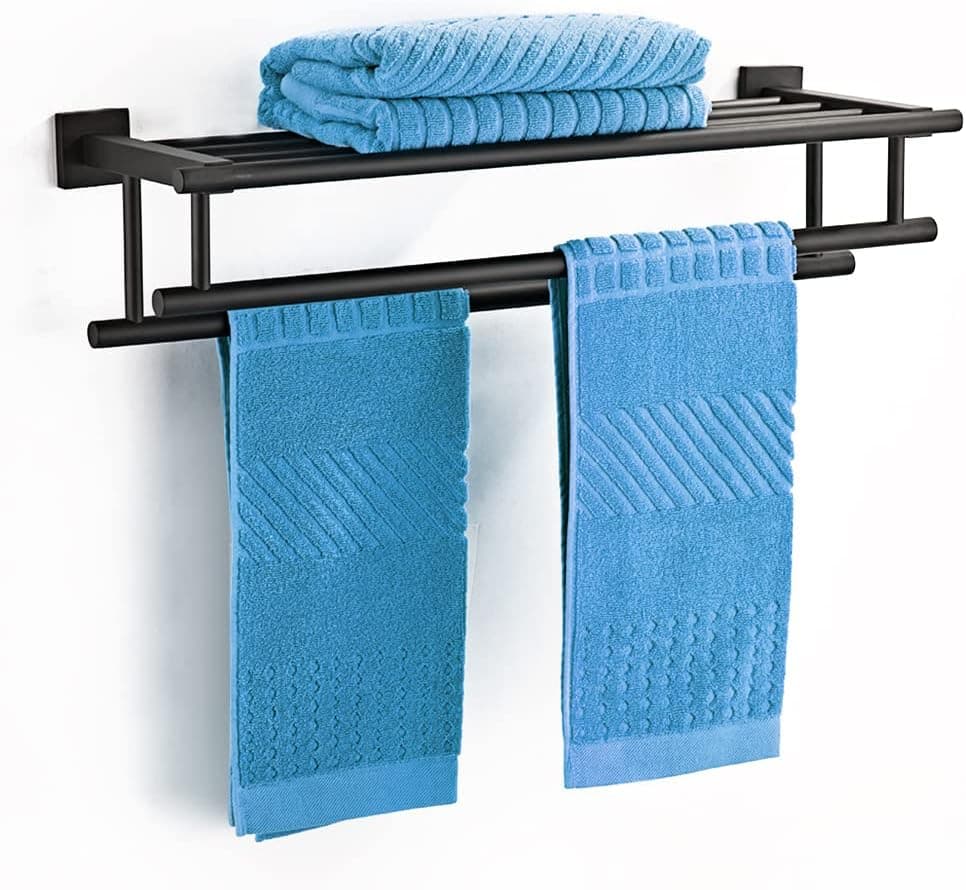 23.6 Inch Bathroom Lavatory Towel Rack with Double Towel Bars,Wall Mount Shelf Rustproof SUS304 Stainless Steel Matte Black