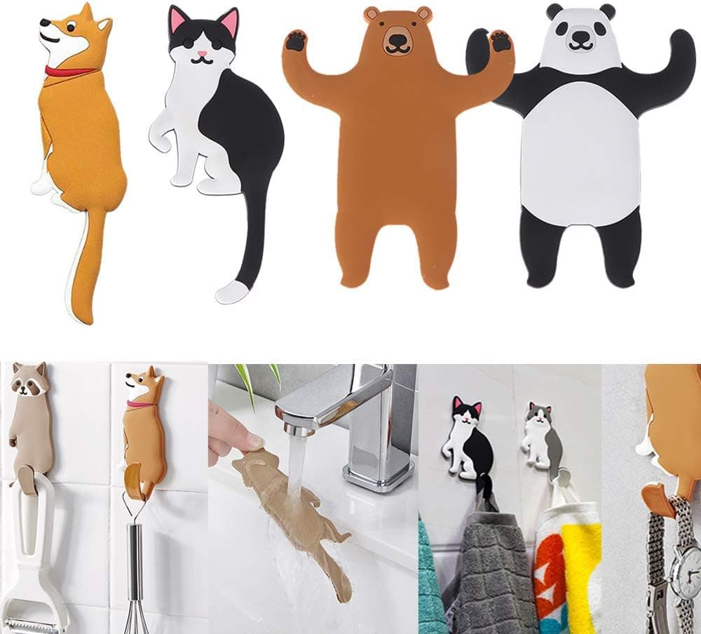 Wellbuy Cute Animal Adhesive Wall Hooks, Reusable Waterproof Removable Key Hook for Home, Kitchen, Bathroom 4 Packs