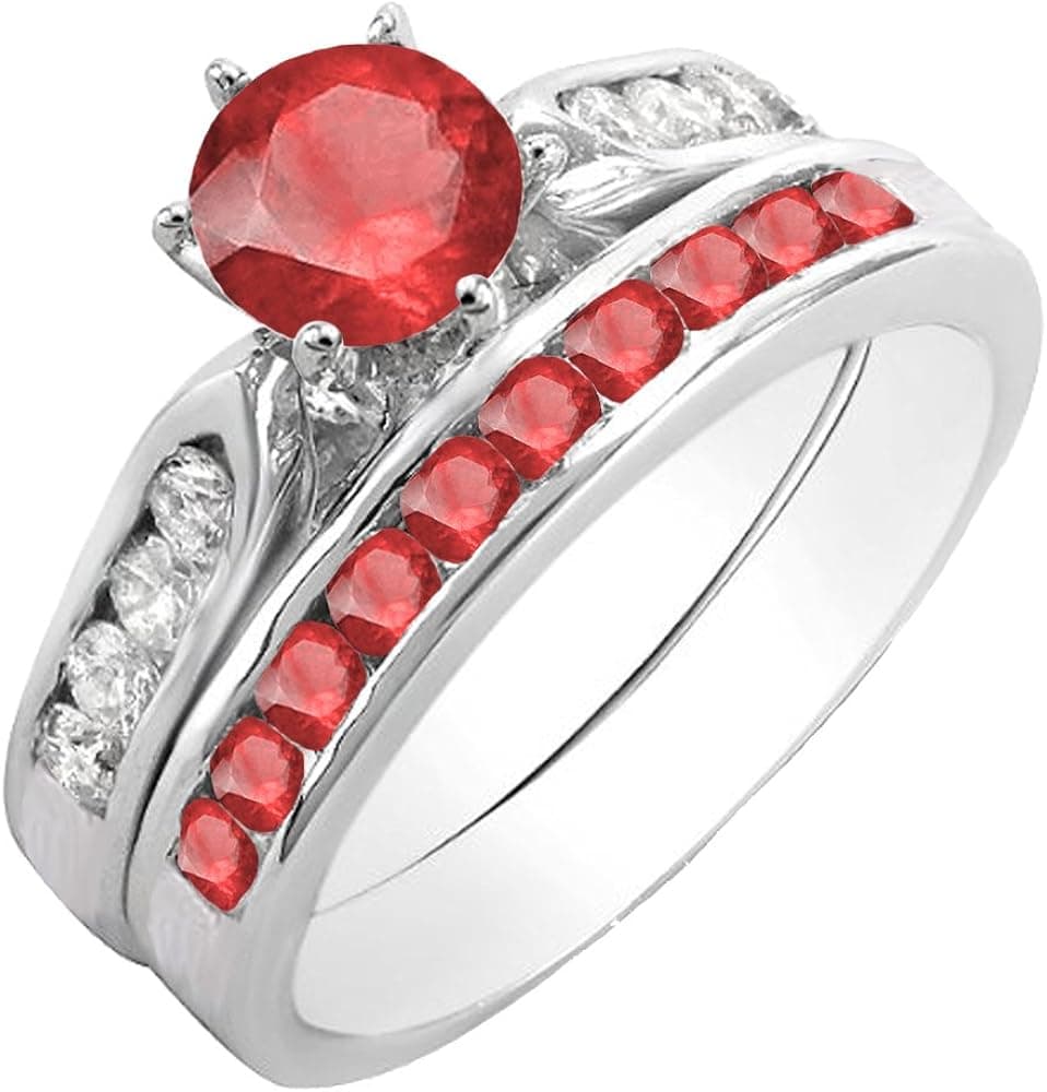 Dazzlingrock Collection 14K Gold Round Red Ruby & White Diamond Ladies Bridal Engagement Ring Set with Matching Band