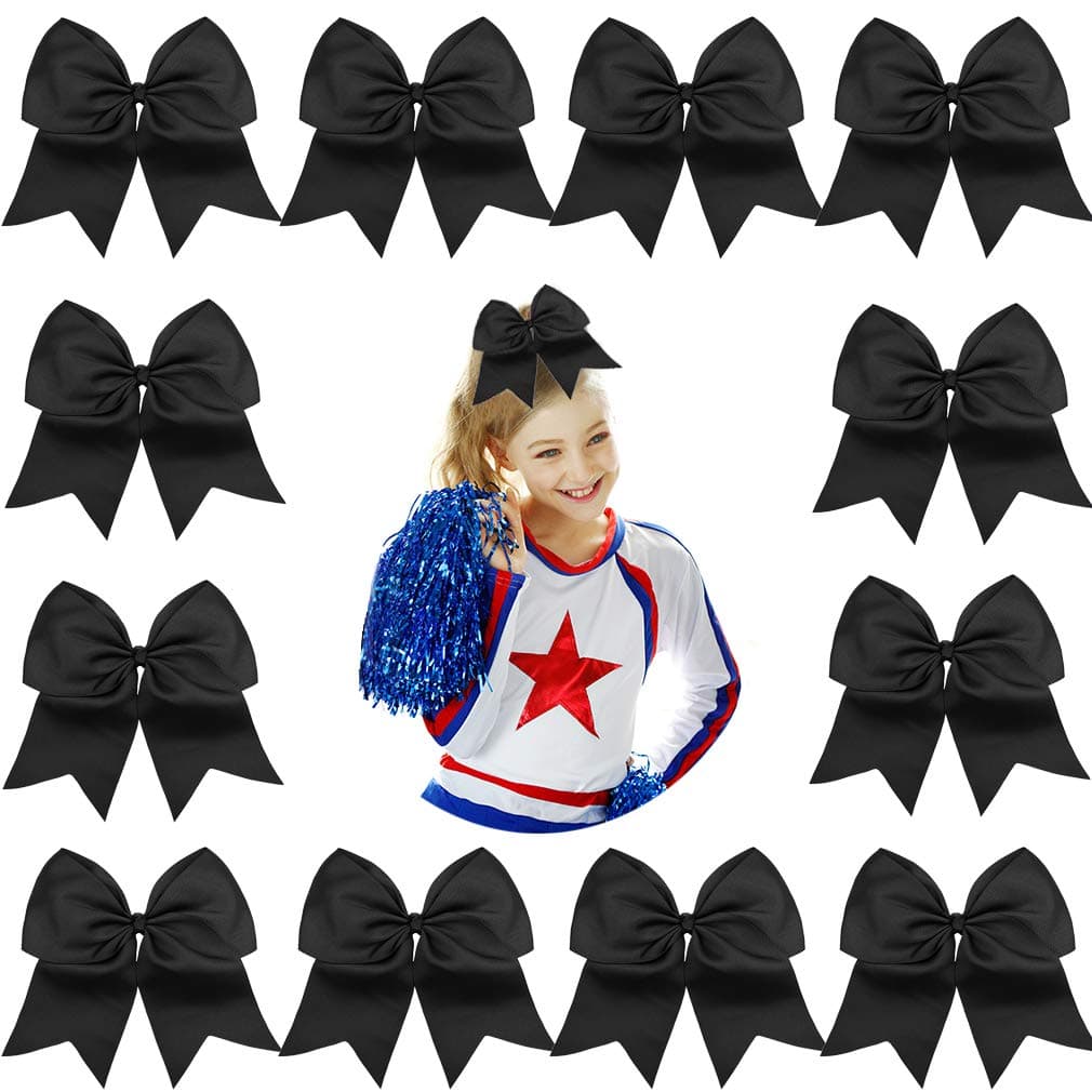 DEEKA 12PCS 8" Large Cheer Hair Bows Ponytail Holder Handmade for Teen Girls Softball Cheerleader Sports-Black