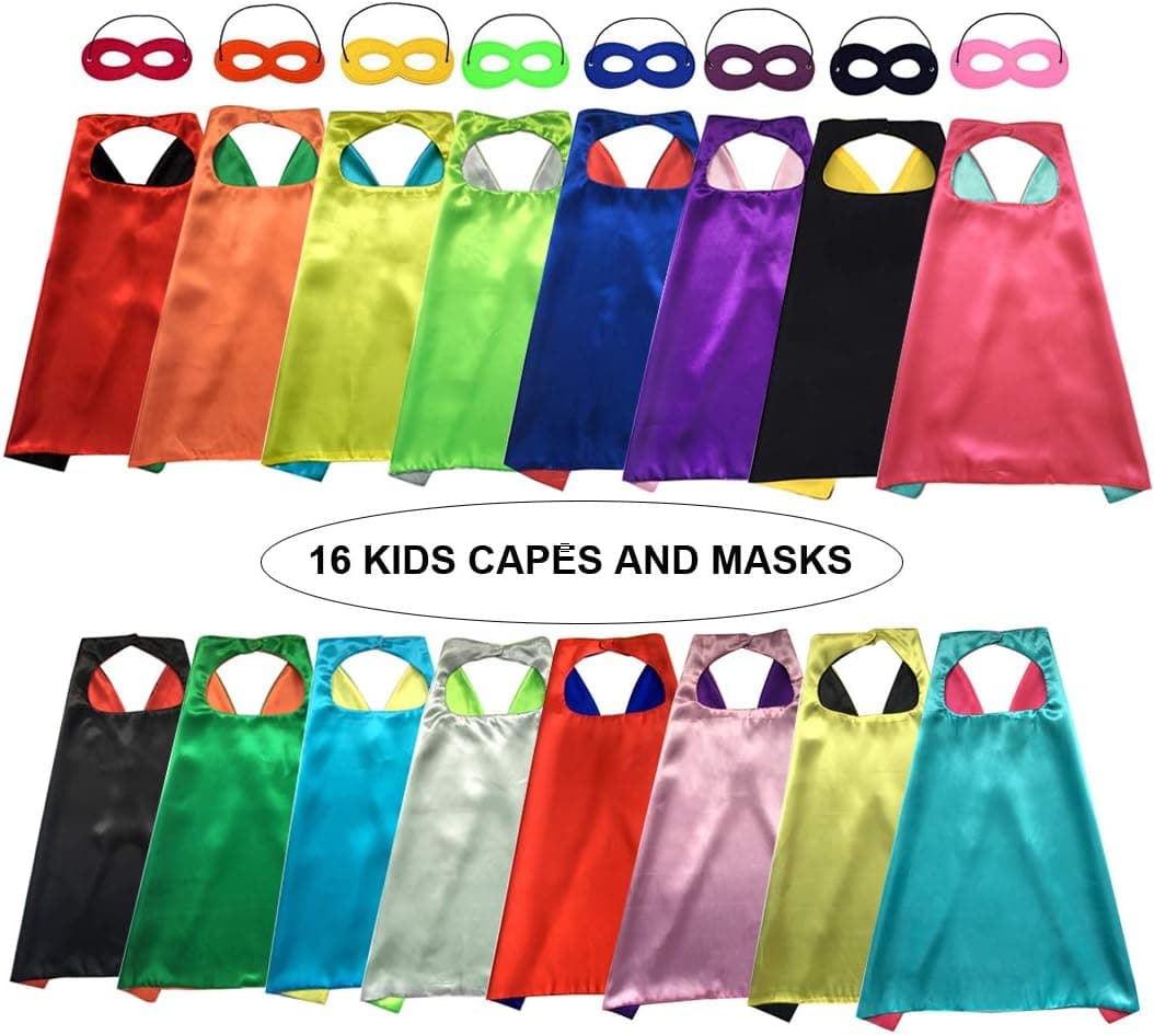 Siiziitoo Double Side Superhero Capes for Kids DIY Capes and Masks Set for Themed Birthday Party Dress Up Costumes Party Supplies (16 Pack)