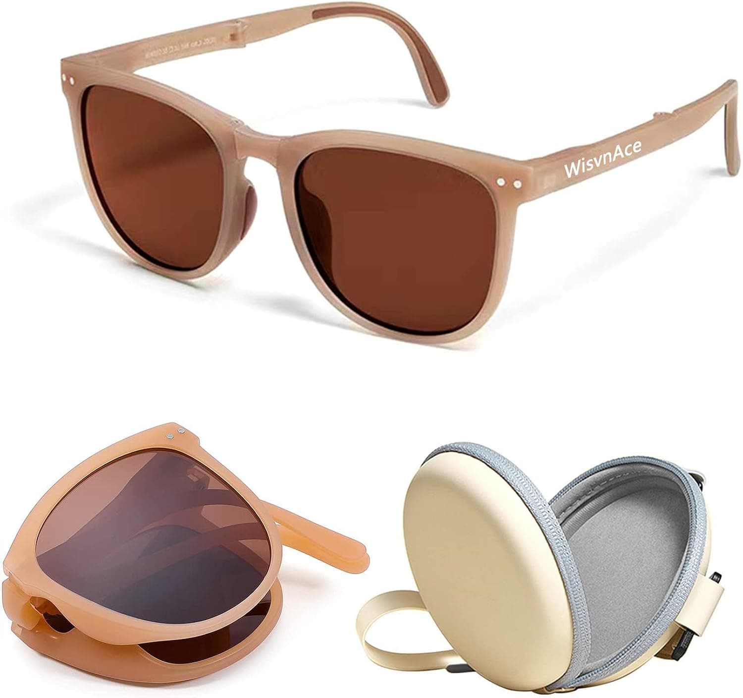 WisvnAce Trendy Sunglasses for Women Polarized Foldable Round Chic Retro Sun glasses 100% UV Blocking, With Portable Box