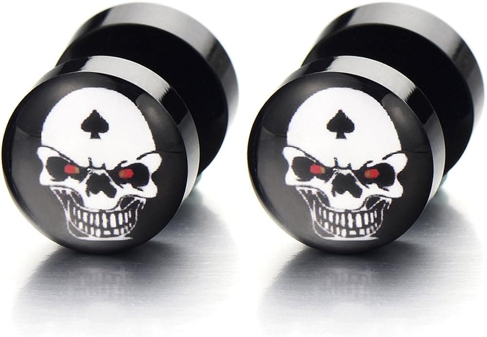 2pcs 10mm Black Screw Stud Earrings with Skull for Men Women, Cheater Fake Ear Plugs Gauges Tunnel