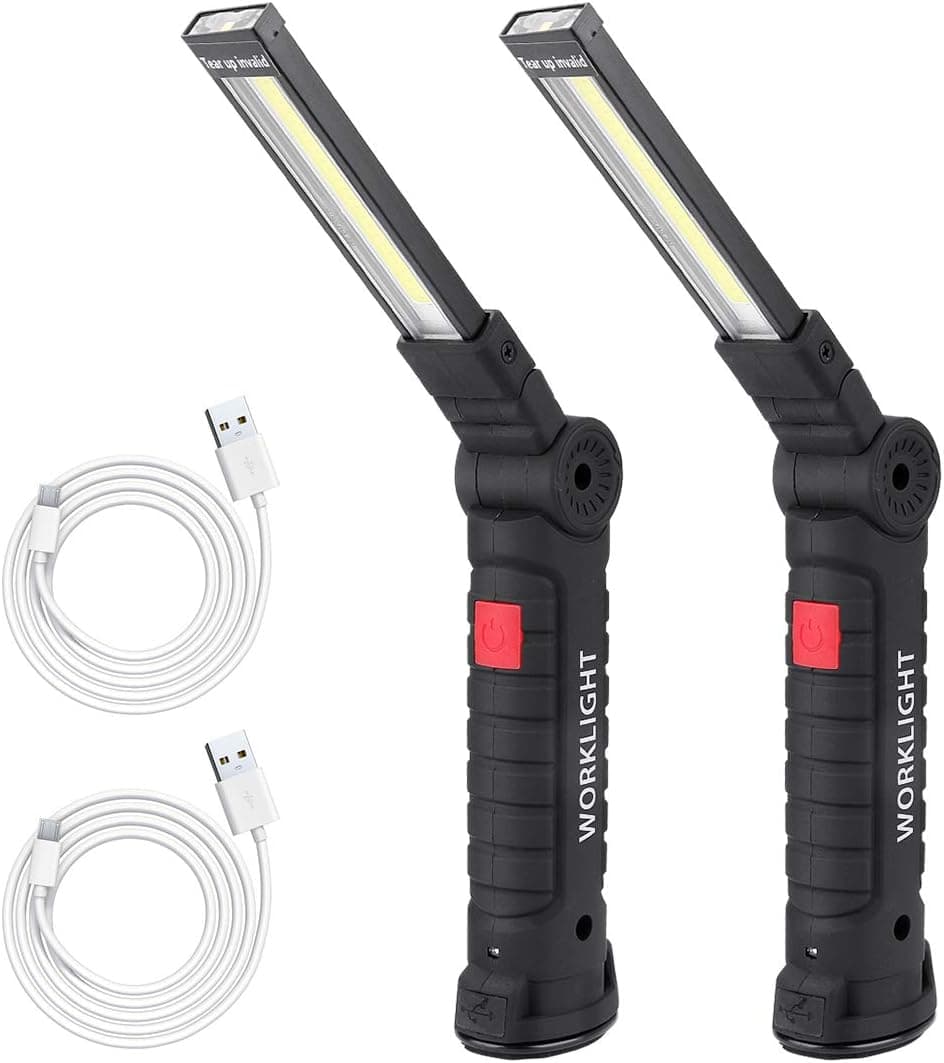 Jhua COB LED Work Light Rechargeable Work Lights with Magnetic Base, 360°Rotate 5 Lighting Mode, Portable LED Magnetic Flashlight Inspection Light for Car Repair, Household, Emergency Use (2 L)