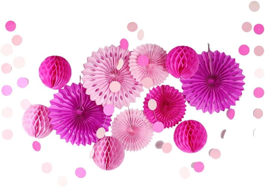 12Pcs Pink and Rosolic Tissue Paper Honeycomb Balls Paper Fan Flower Round Dot Banner Garland for Birthday, Baby Shower, Bridal, Weddings Parties Decorations