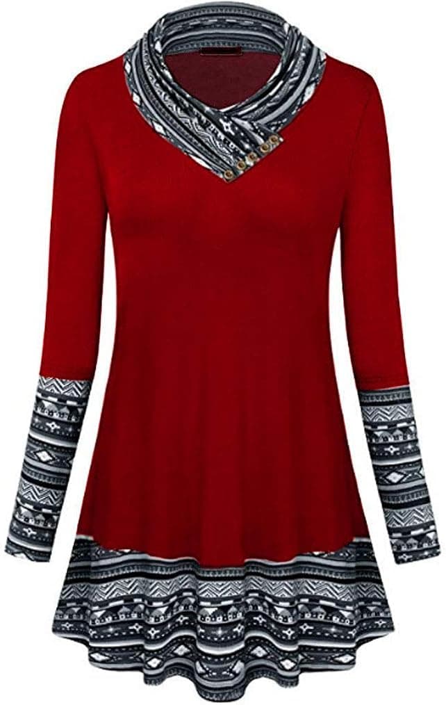 Poetsky Cowl Neck Tunic Tops Women's Loose Long Sleeve Patchwork Shirt Blouses Buttons