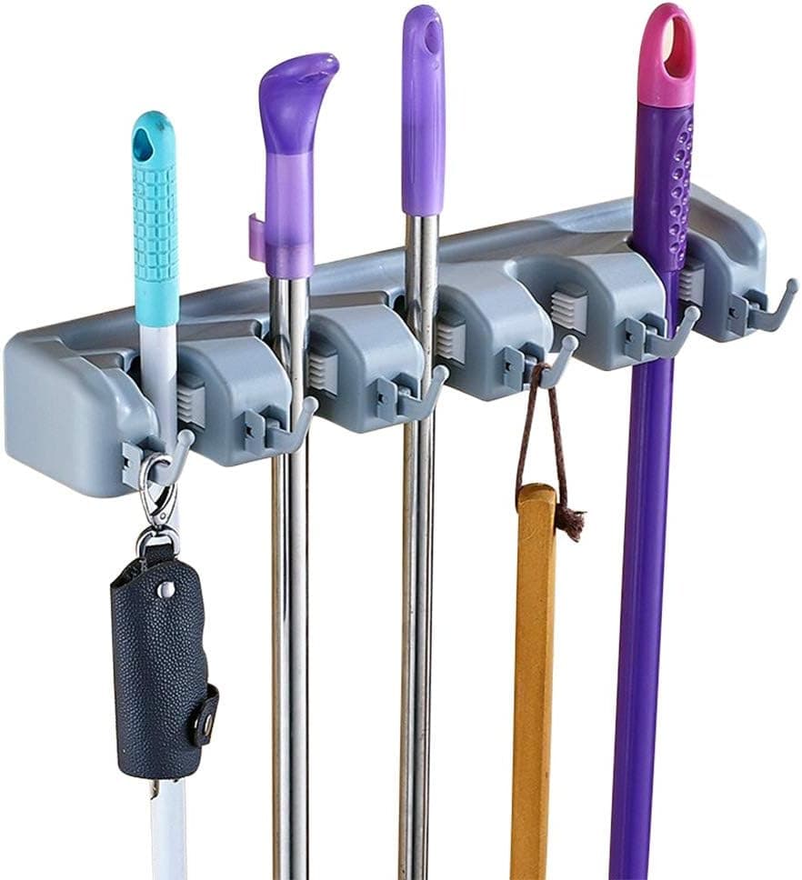 Mop and Broom Holder Wall Mount and Garden Tool Organizer, 5 Auto Adjust Slots, 6 Hooks, Easy Install Wall Mount, Store Cleaning and Gardening Tools, Organize Kitchen, Garage, Storage Rooms