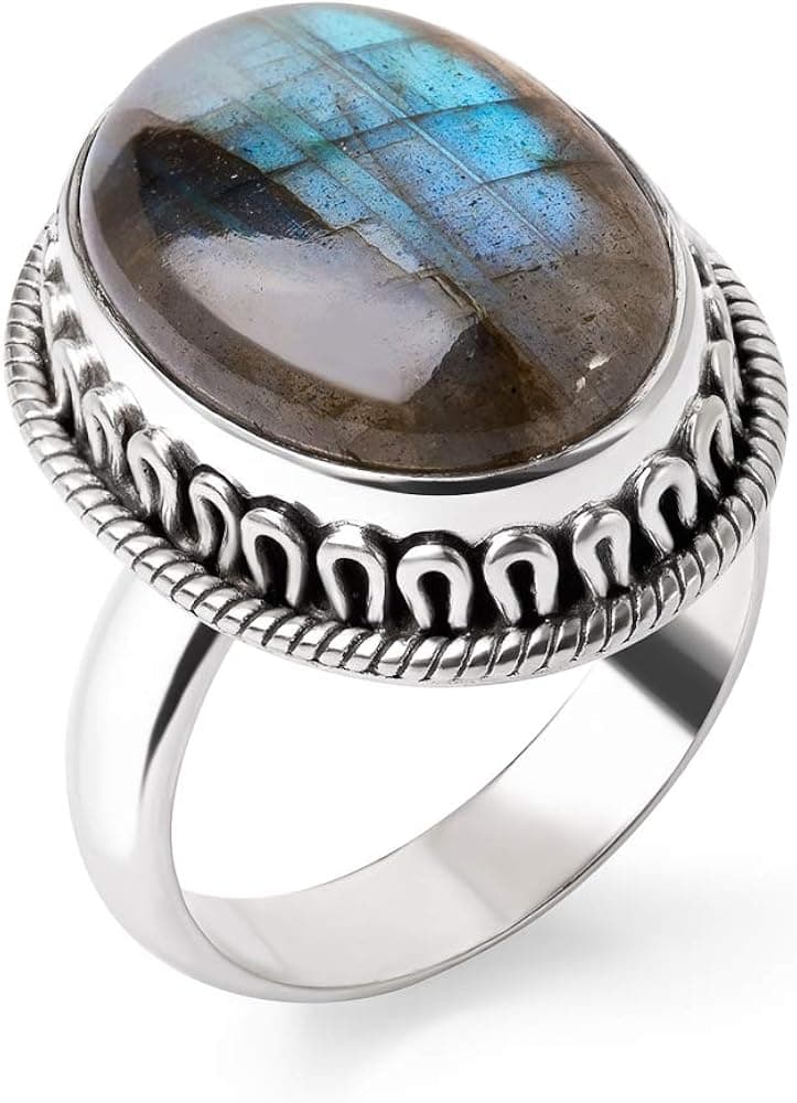 SUVANI Sterling Silver Gemstone Oval Rope Edge Handcrafted Cocktail Ring Size 6 7 8 9