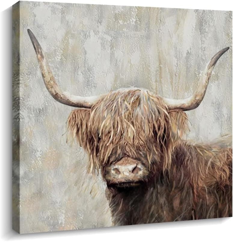 Kas Home Highland Cow Wall Decor Farmhouse Canvas Wall Art Picture Painting Wall Artwork Framed Country Home Decor for Living Room Bathroom Bedroom Kitchen Office (White - Bull01, 12 x 12 inch)