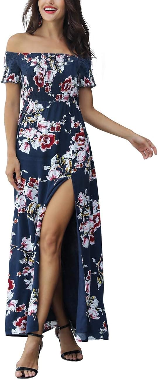 Azalosie Women Off Shoulder Maxi Dress Floral Short Sleeve Split Slit Boho Summer Hawaiian Party Beach Wedding Dress