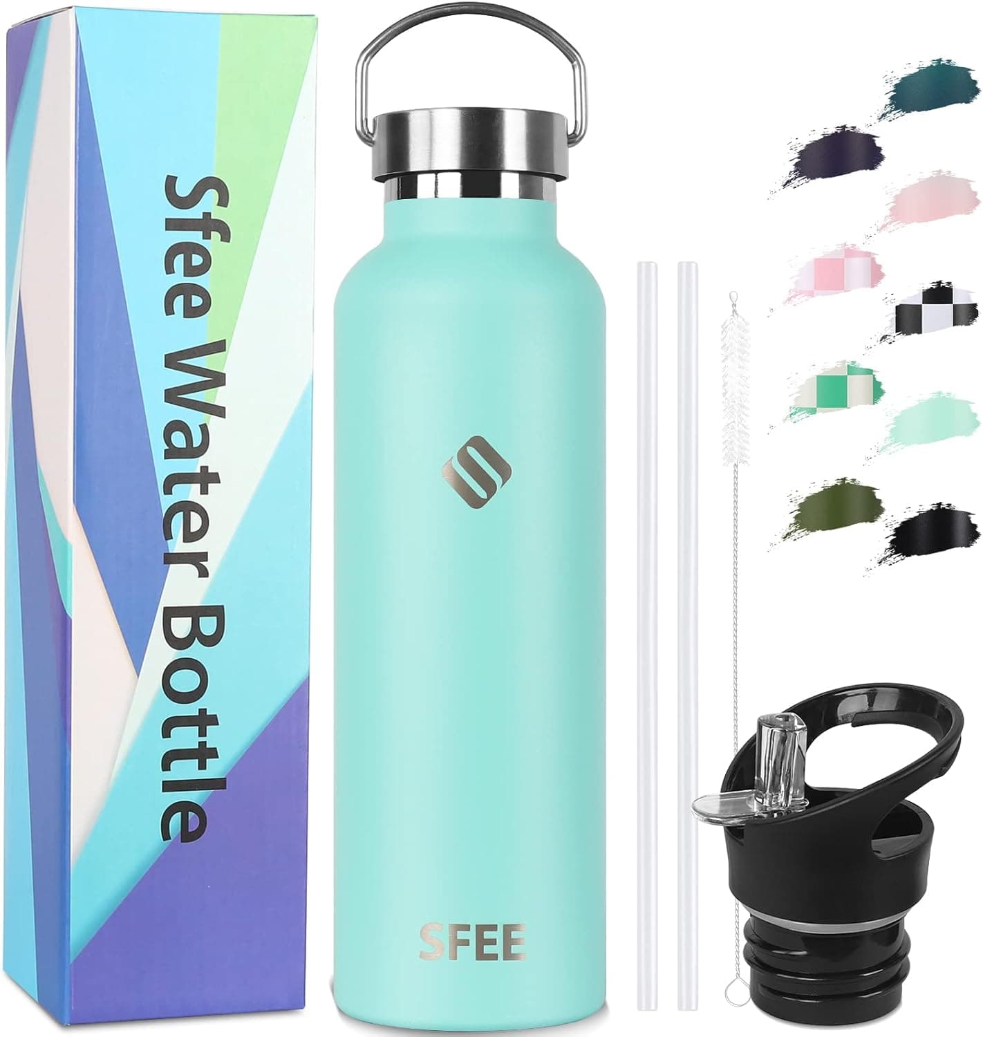 Sfee Insulated Water Bottle with Straw Lids, 25oz Stainless Steel Water Bottles Double Wall Vacuum Metal Water Bottle Kids Leakproof Sport Water Bottle for Outdoor, Fitness, Gym+Cleaning Brush(Mint)