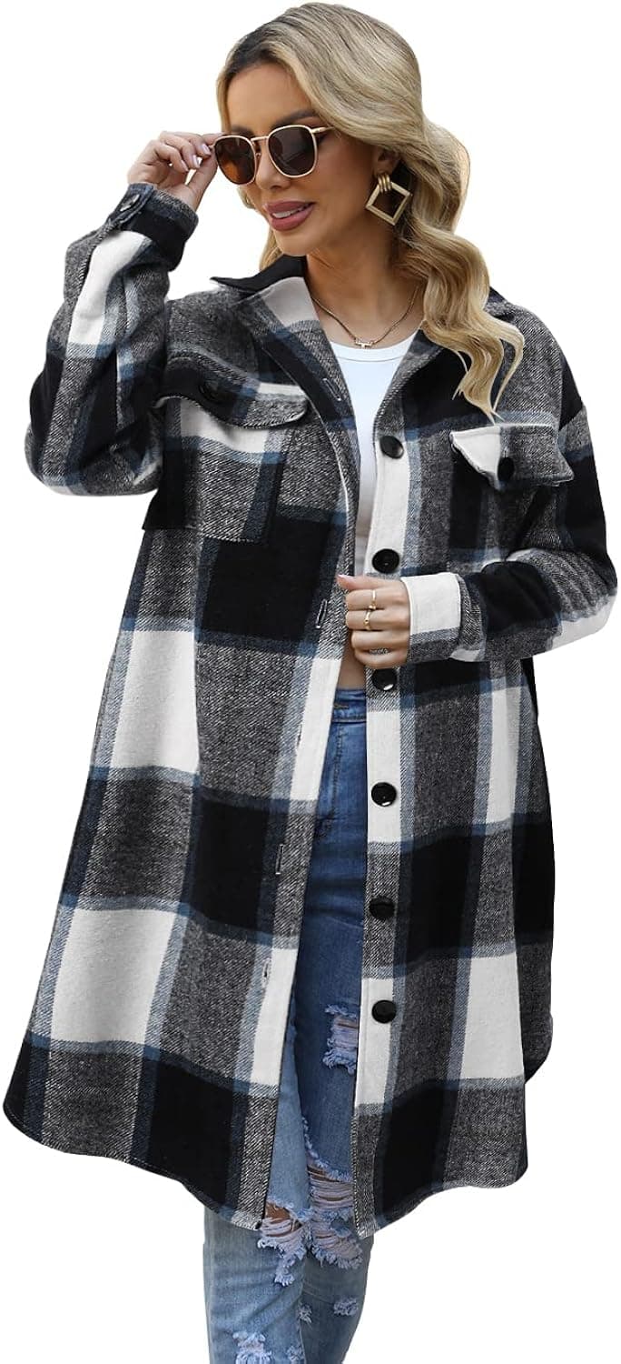 SIKAINI Plaid Jackets for Women Blue Long Flannel Shacket Jacket Plus Size Button Down Coat 3XL
