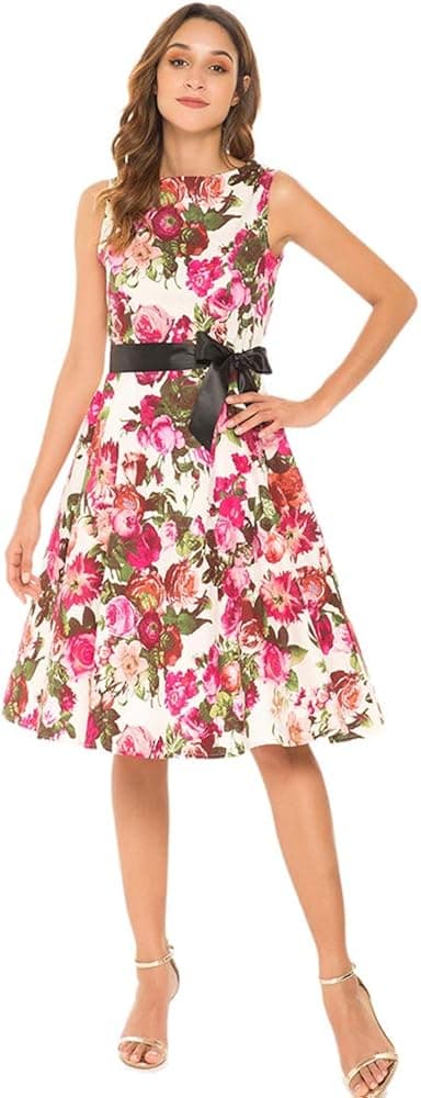 GENSHUO White Red Flower Boatneck Sleeveless Casual Vintage Tea Dress with Ribbon XL