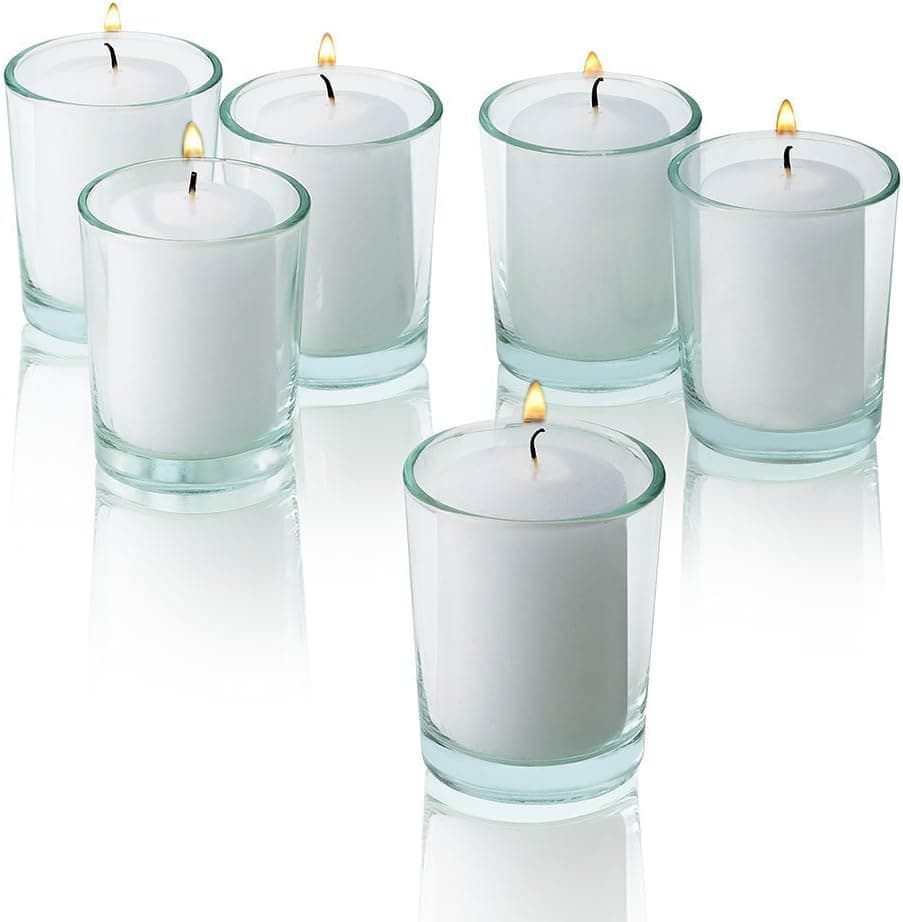 Light In The Dark Clear Glass Round Votive Candle Holders with White Unscented Votive Candles Burn 15 Hours Set of 36