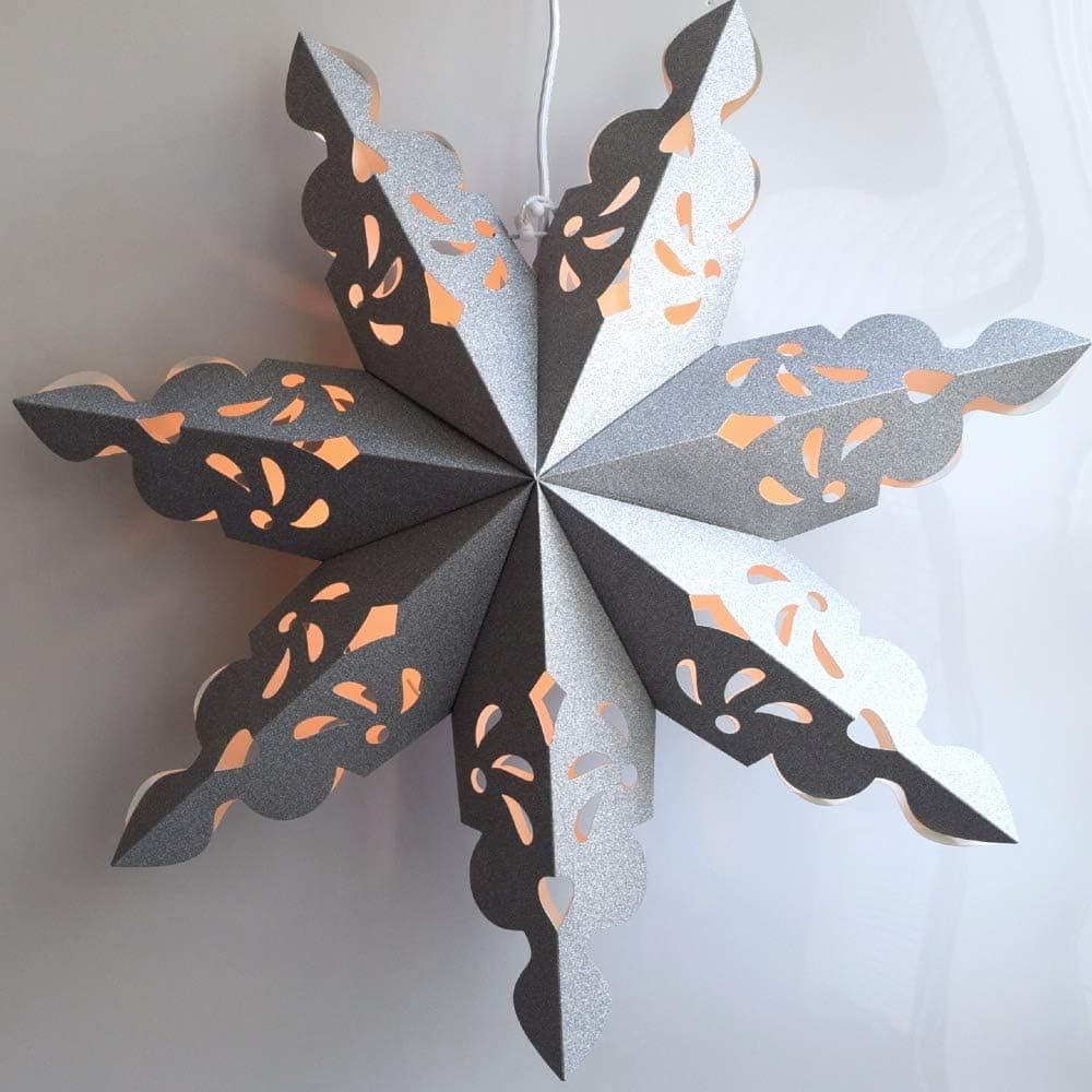 Paper Snowflake Lantern Decoration (Sparkling Silver 7-Point Glitter Snowflake Luminary) - Perfect for Winter Weddings, Christmas Holiday, Frozen Birthday Party & Home Decor