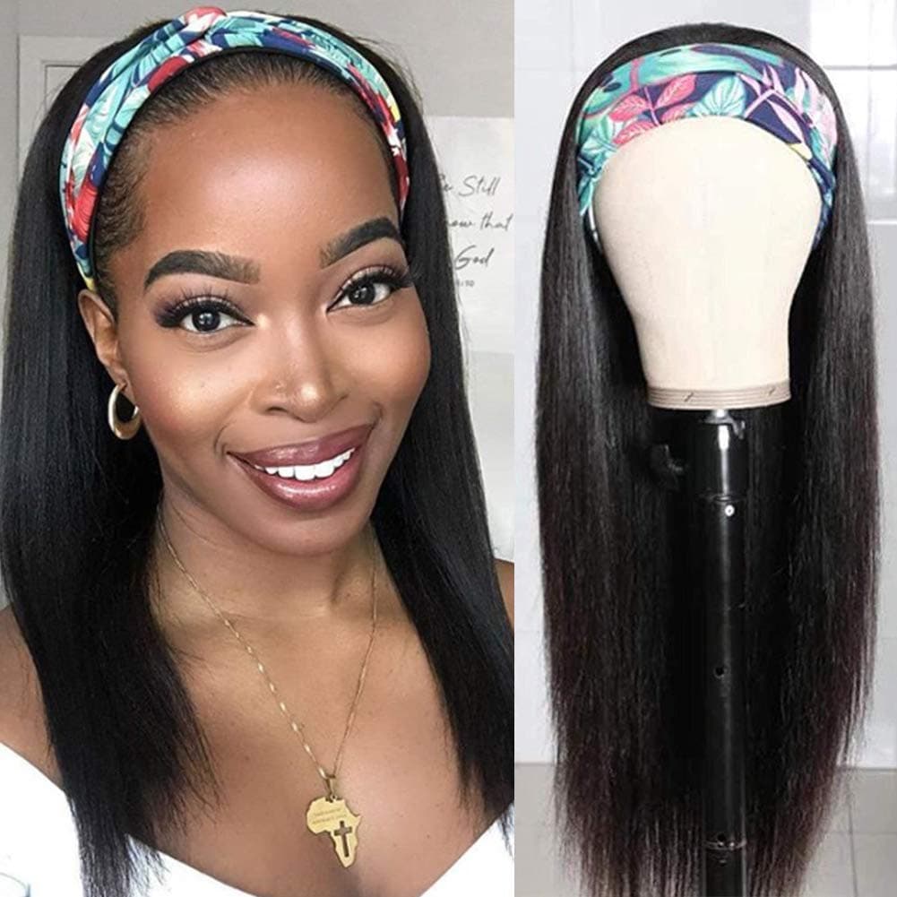 Headband Wig Straight Human Hair for Black Women Brazilian Virgin Human Hair None Lace Wigs Machine Made Headband Half Wig Natural Color (16" Straight wig)