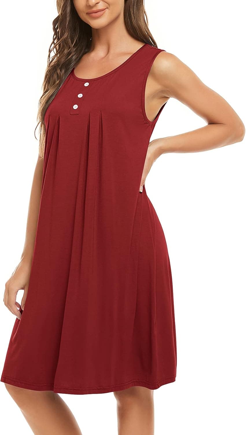HOCOSIT Women's Nightgowns Sleeveless Sleep Dress Pleated Comfy Sleepwear Scoopneck Nightwear Loungewear