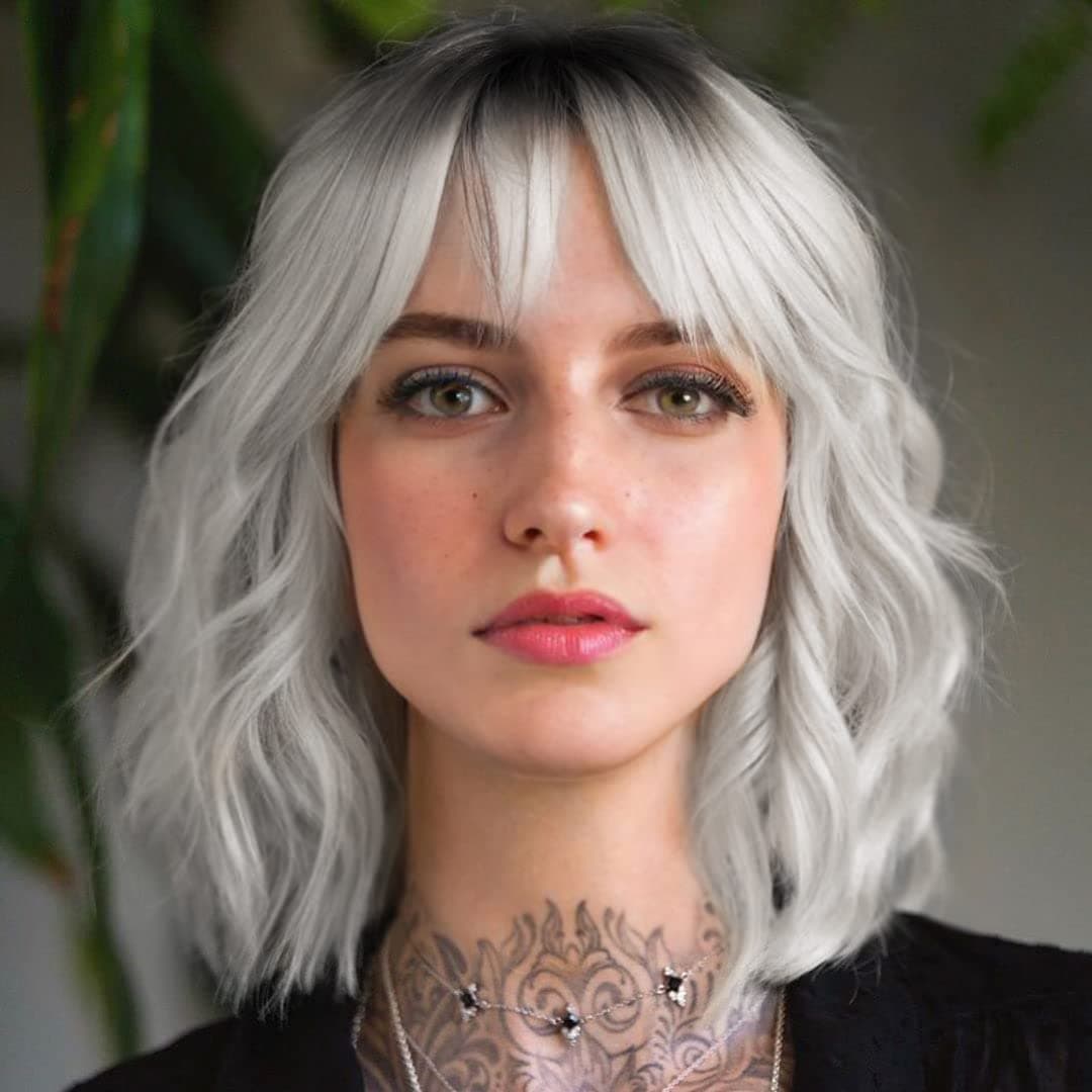 BESTUNG Short White Silver Wigs for Women Ombre Grey Wavy Bob Wig with Bangs Medium Length Synthetic Hair Water Wave Dark Roots Wig Gray Colorful Wigs(12 Inches)