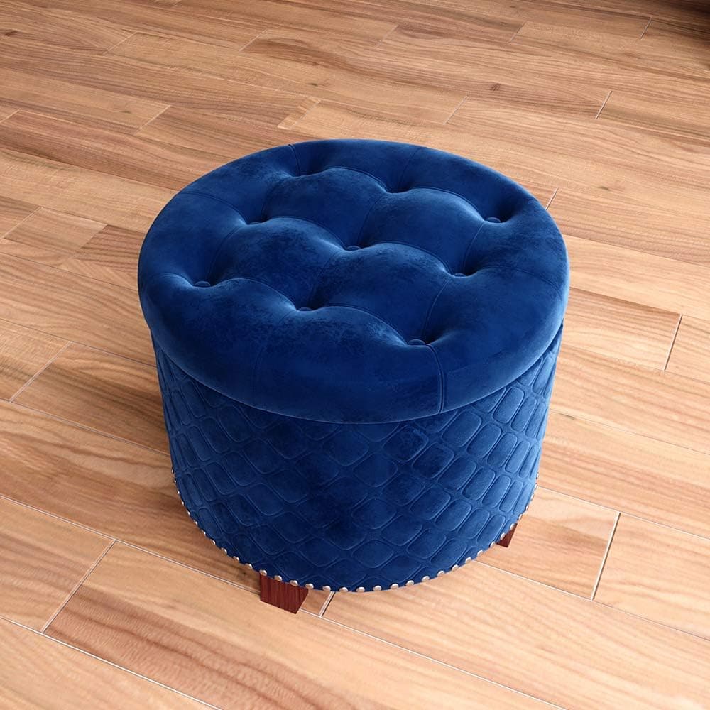 Nost & Host 19.5'' Velvet Ottoman with Storage Round Removable Button Tufted Lid Small Emboss Rhombus Upholstered Fabric Ottoman Coffee Table Cocktail Ottoman Footrest Chest Storage Stool, Blue