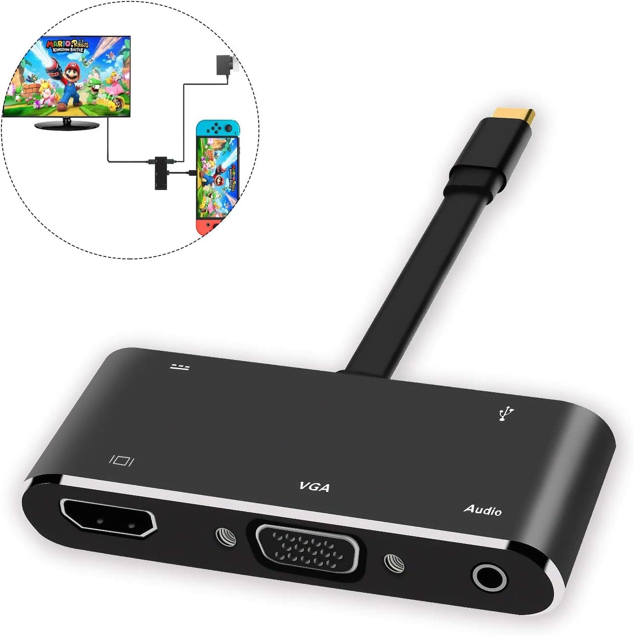 Kinvoca USB C to HDMI Adapter, Replacement for Nintendo Switch Dock, 5 in 1 Multiport Hub Adapter, Type C to HDMI 4K, VGA, USB 3.0, Audio with PD2.0, Supports Samsung Dex,MacBook Pro,Chromebook Pixel