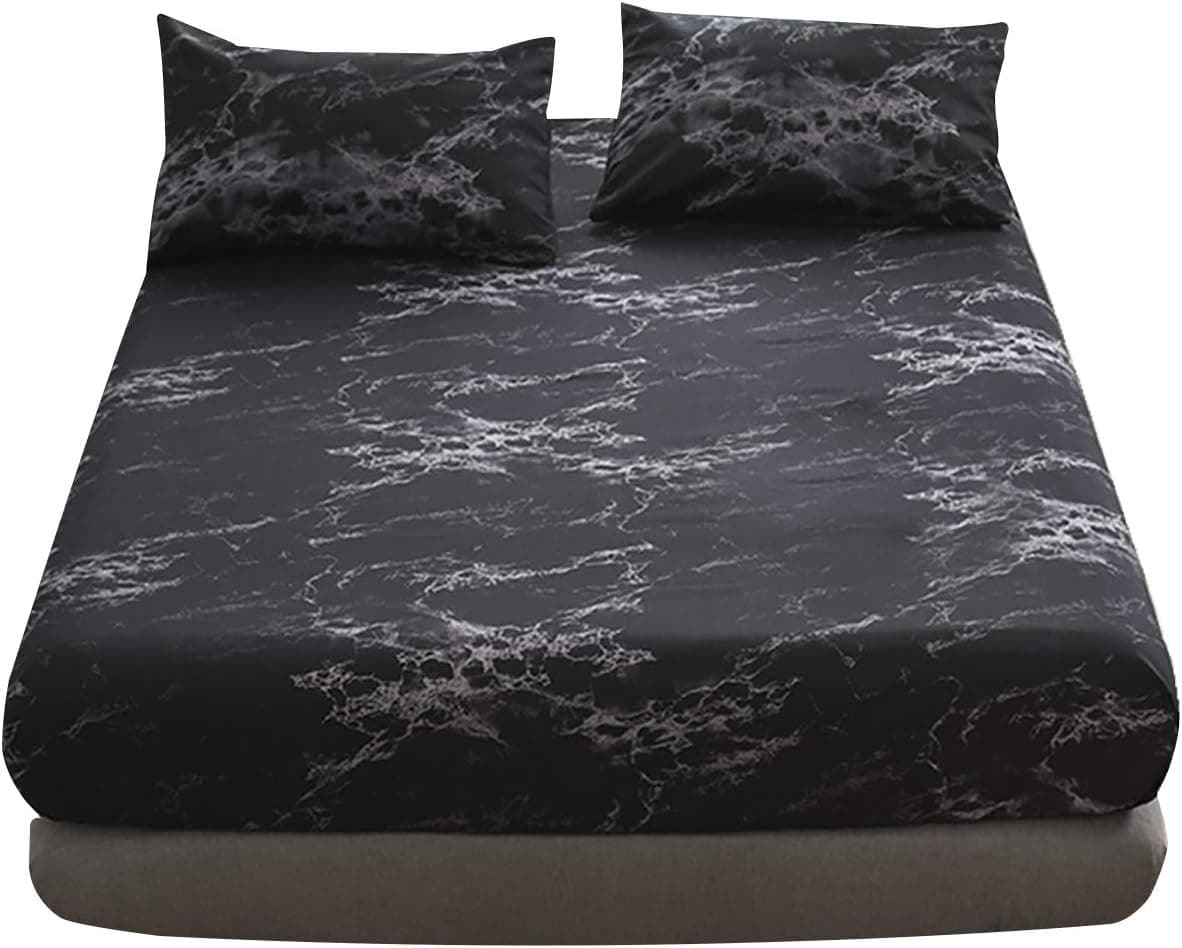 WUJIE Black Marble Sheets for Twin Size Bed Deep Pockets Fitted Sheet and Pillowcase Set Soft Sheets (1 Fitted Sheet,2 Pillowcases)