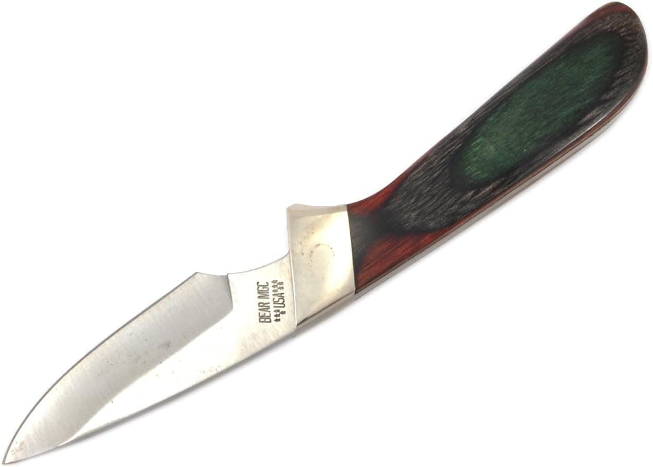 Forney 65050 Bear and Son Cutlery Camo Wood Invincible Skinner Knife with Leather Sheath, 6-5/8-Inch, Camouflage Wood