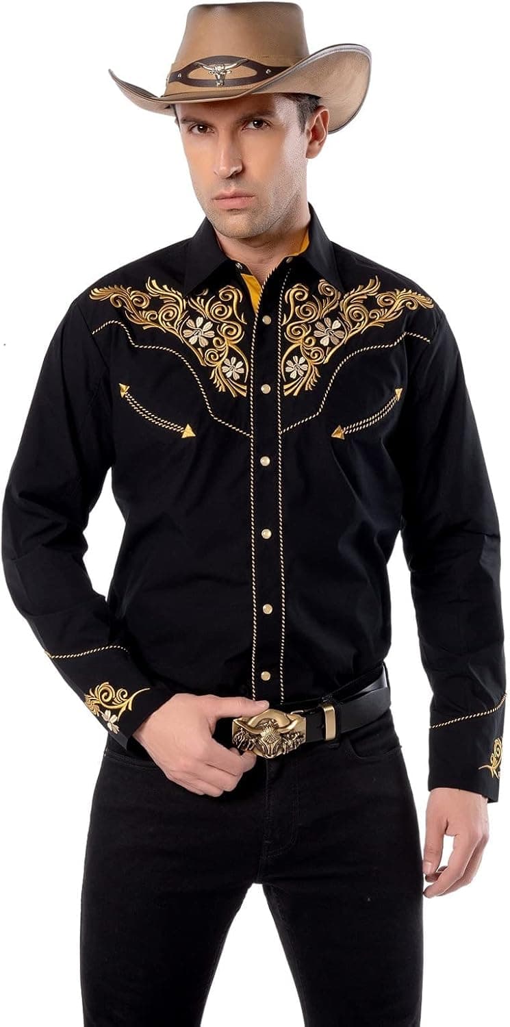 EL PIONERO Men's Western Shirt Long Sleeve Embroidered Cowboy Casual Snap Button Shirt