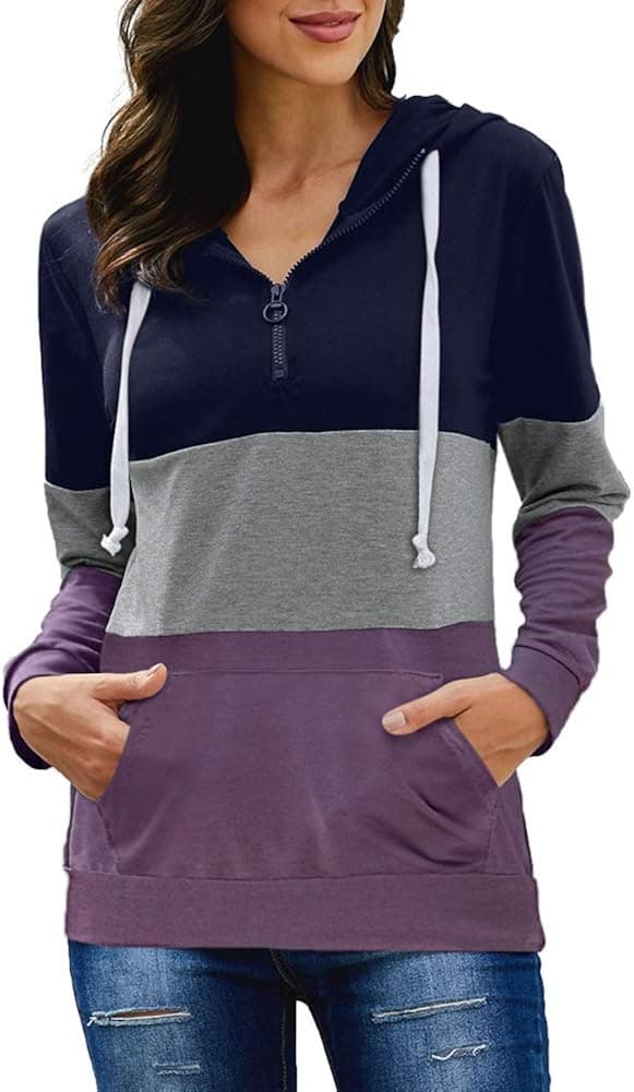 Urchics Womens Casual Quarter Zip Pullover Hoodies Color Block Sweatshirts with Pockets