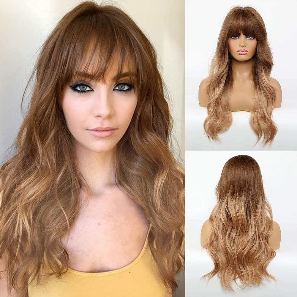 AOMOSA Brown Wavy Long Wig with Bangs Curly Wigs for Women Natural Halloween Party Cosplay Wigs Heat Resistant Synthetic Wigs for Daily Party Cosplay