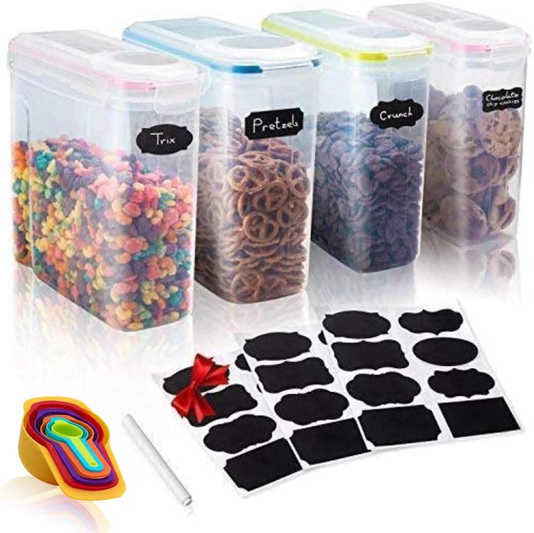 PalmTreeChef-Set of 4 Cereal & Dry Food Storage Container- 6 Measuring Cups Set -24 Free Chalkboard Labels & Pen -Great for Pasta, Rice, Sugar, Flour, Baking, Pet Food & More -4L