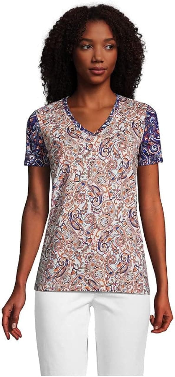 Lands' End Women s SS Relaxed Supima V Neck T Shirt Ivory Paisley Print Mix Regular X-Large