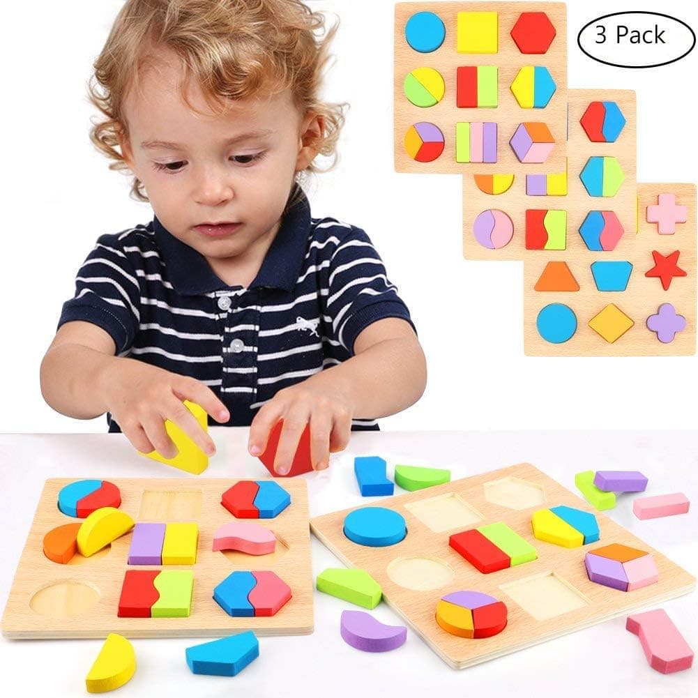Lewo Wooden Geometric Chunky Shape Puzzles Sorting Game Early Development Educational Toys Pack of 3