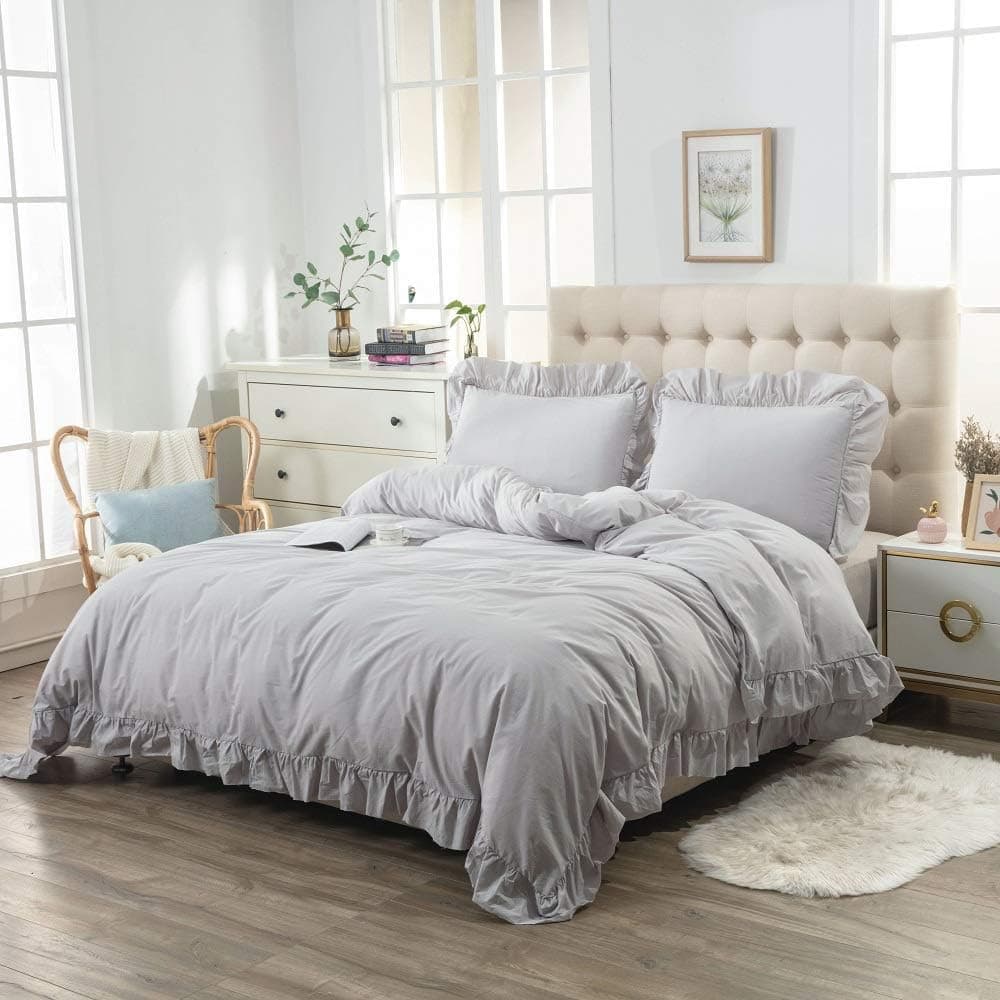YOSTEV Ruffle Duvet Cover Set with Button Closure,100% Washed Cotton Ultra Soft Set,Grey Solid,Full/Queen Size