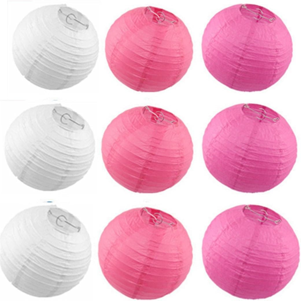 Derker 9pcs Hot Pink+Pink+White Chinese/Japanese Paper Lanterns/lamps Assortment, Paper Lantern Value Pack Party Accessory(8 Inch) (Pink)