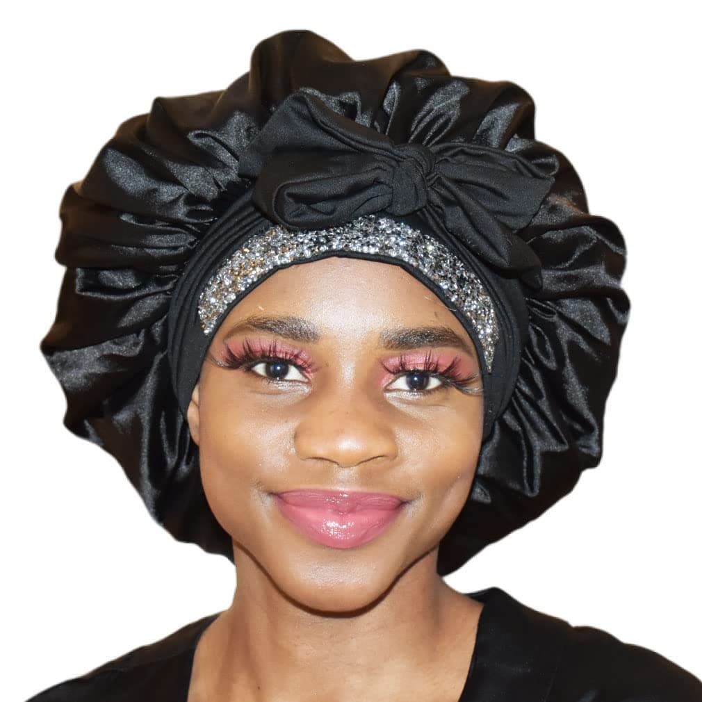 Bonnet Queen rhinestone diamond glitter bling Pink Jumbo large satin Bonnet silk Night Sleeping Cap stretchy tie band bonet for Women long Curly Braid Hair