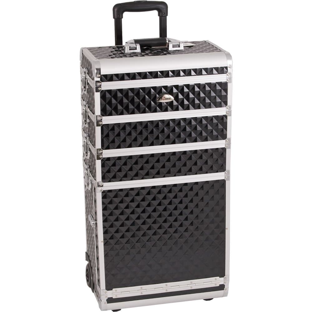 29 inch 4 in 1 Black Diamond Pattern with Silver Trim Aluminum Professional Rolling Wheeled Cosmetic Organizer Makeup Artist Trolley Train Case