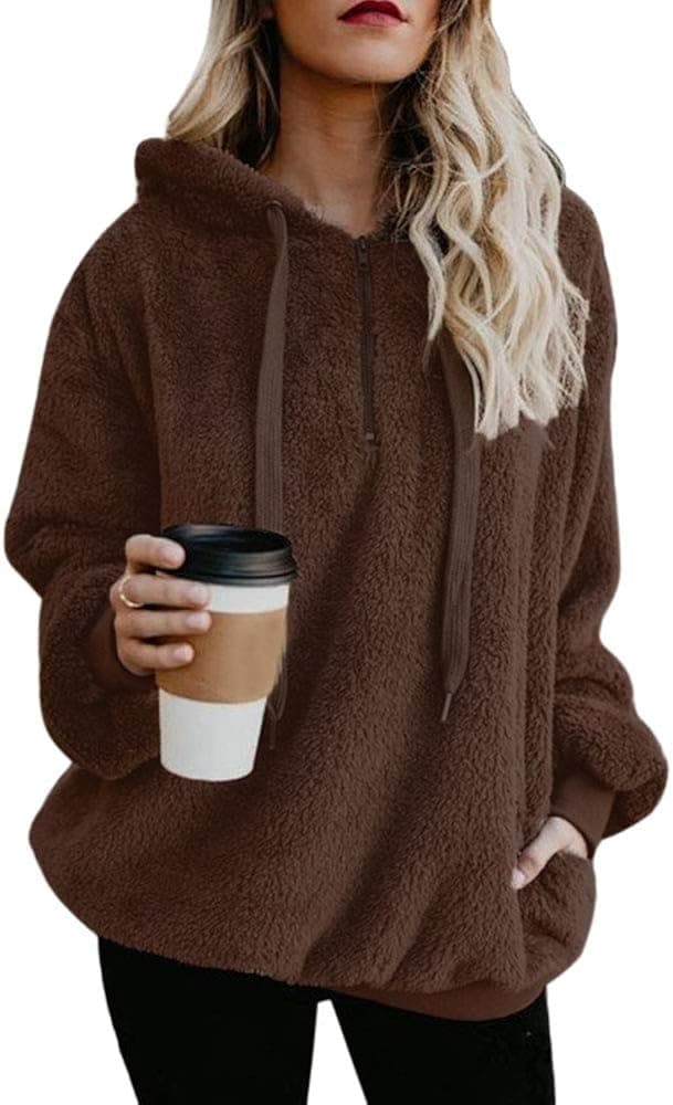 Moxeay Womens Loose Long Sleeve Hooded Sherpa Fleece Sweatshirt with Pockets (L, Brown)