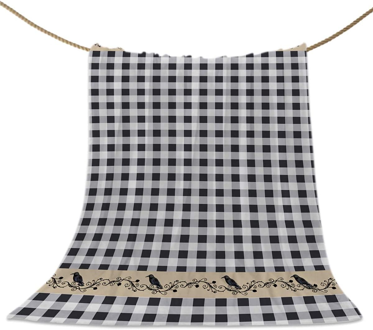 Pinkinco Throw Blanket Crows on Branches Lightweight Microfiber Soft Cozy Warm Blankets for Teen Girls Boys Women Men Kids All Seasons Use Halloween White and Black Lattice