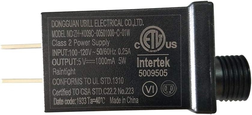 Ubill 5V LED Power Supply 1000mA 5W LED Transformer Raintight IP44 Low Voltage Adapter UL ETL Listed Lighting Driver for LED String Light, Holiday Lighting
