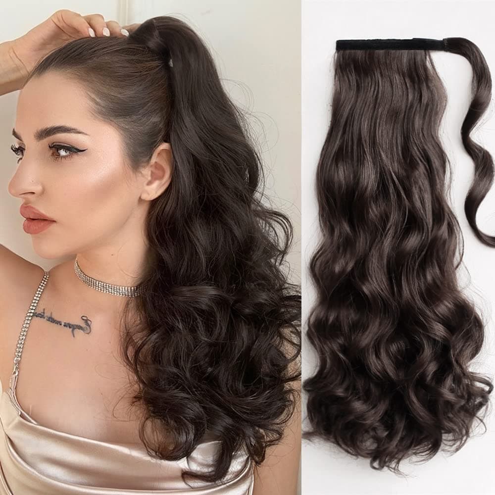 StrRid Fake Ponytail, Ponytail Extension 20" Wavy Hair Extensions Ponytail Wrap Around Synthetic Fake Hair Clip in Ponytail Wig Daily Fluffy Curly Pony Tail Hair Pieces for Women 6 oz-Darkest Brown