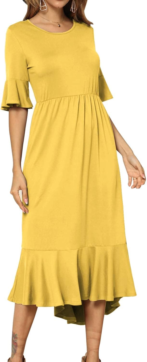 levaca Women's Plain Casual High Low Hem Flowy Midi Dress