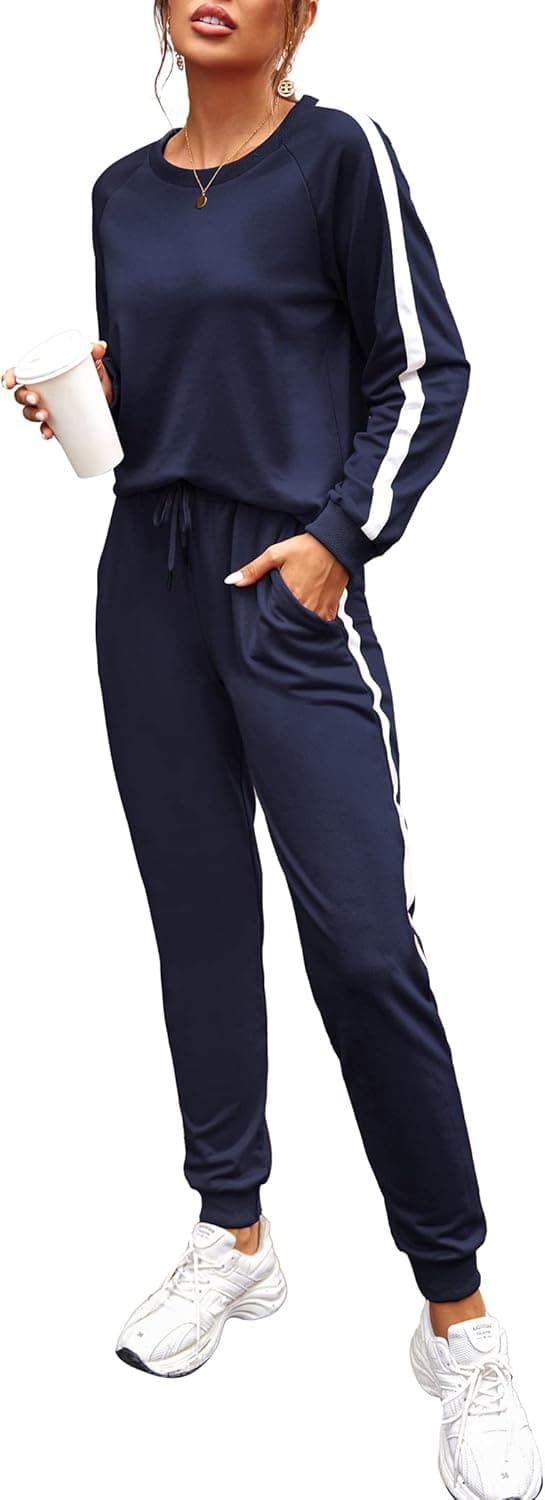 Hotouch Plus Size Sweatsuits for Women Warm Up Suits Long Sleeve Blue Tracksuits Sweat Suits Two-Piece Cotton Xxl