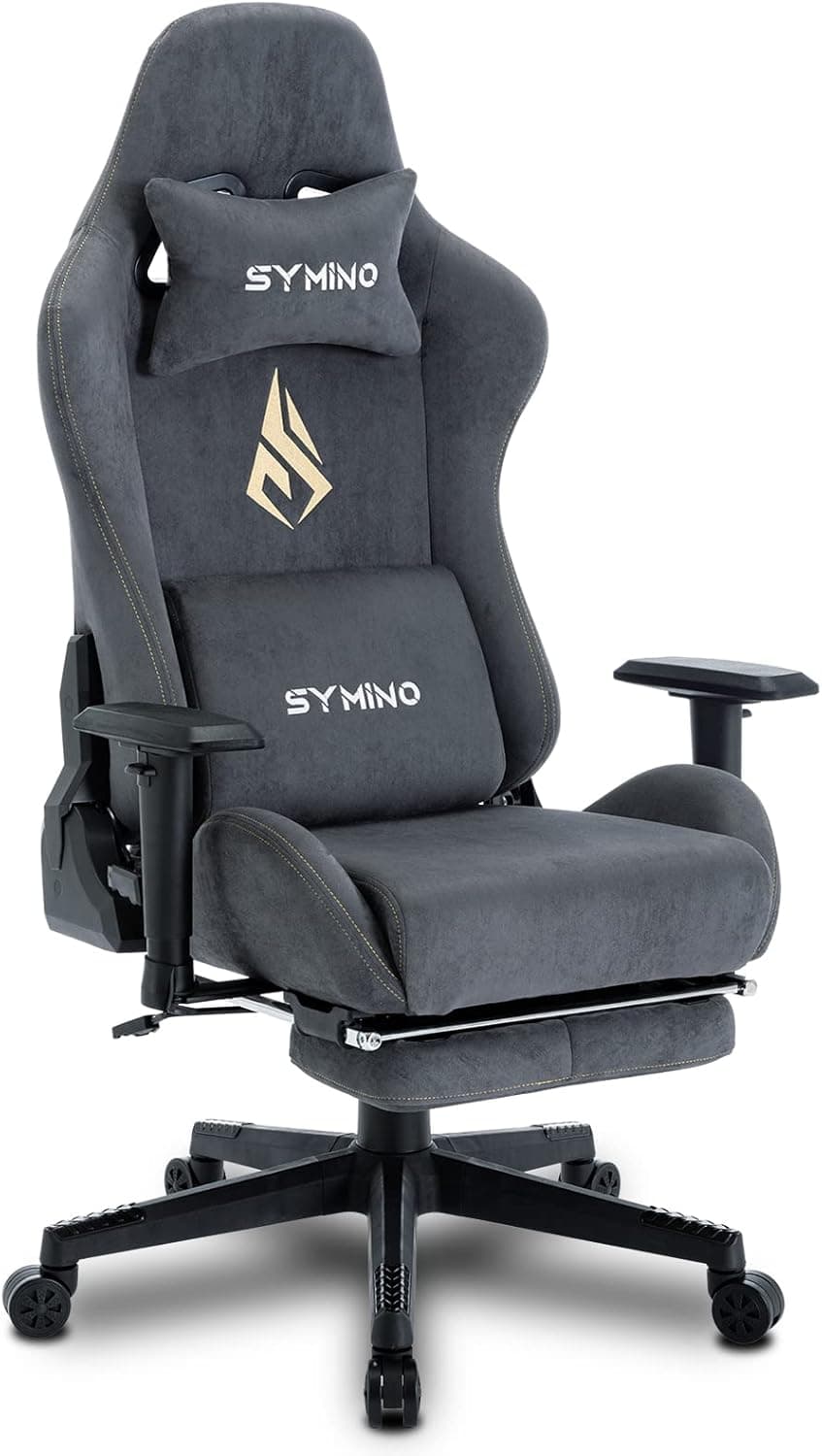 symino Gaming Chair ,Breathable Office Chair Alcantara Fabric,So Soft as A Fur,Ergonomic PC Chair, Adjustable Swivel Task Chairs with Footrest Gray