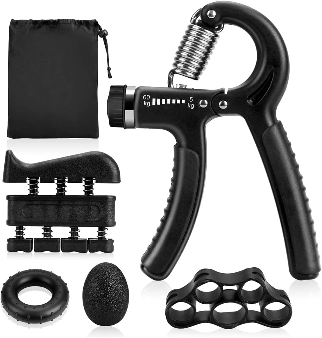 Hand Grip Strengthener Workout Kit 5 Pack, Forearm Grip Strength Trainer Adjustable, Finger Exerciser, Finger Stretcher, Grip Ring & Stress Relief Ball for Athletes & Musicians Muscle Building