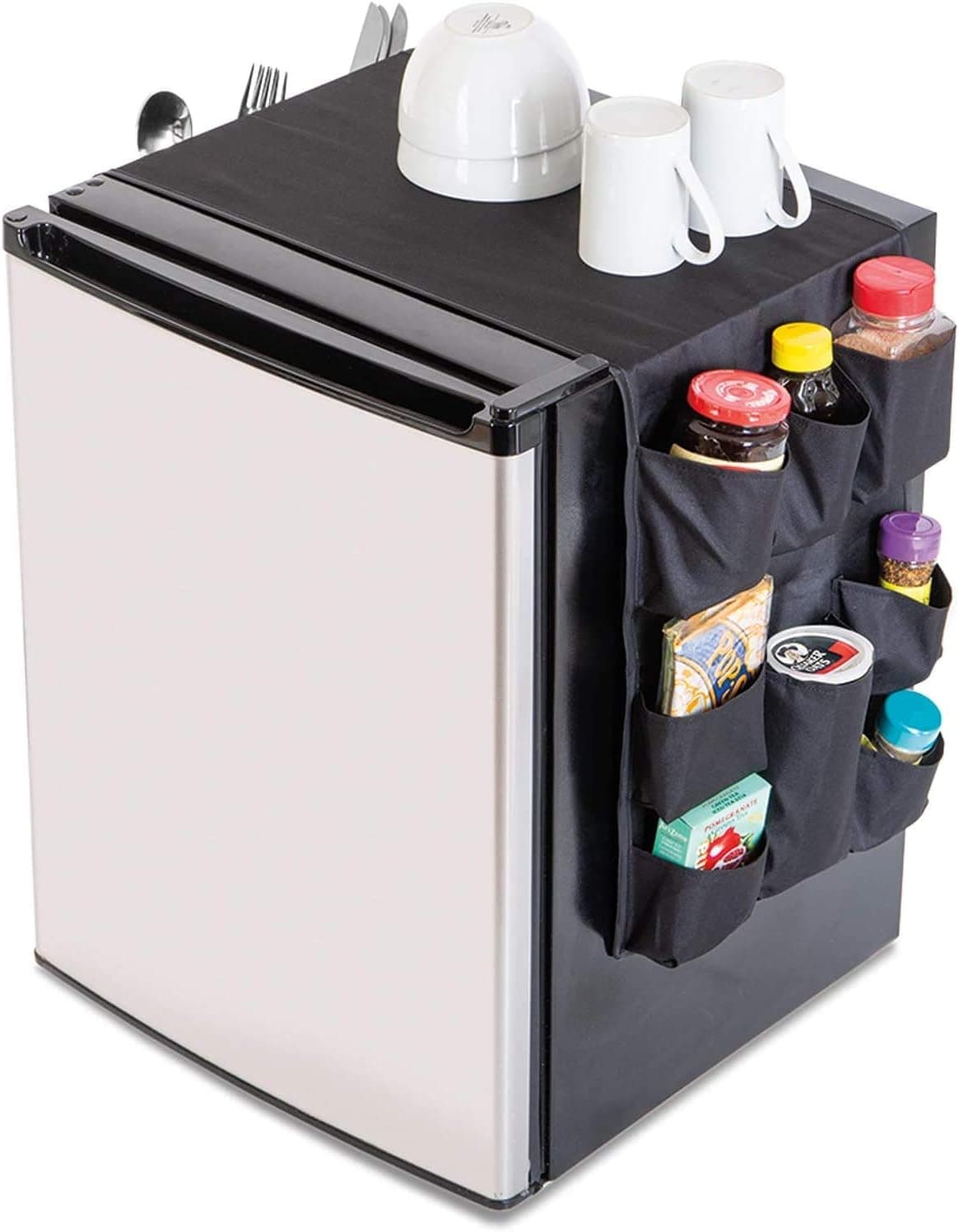 Smart Design Mini Fridge Organizer with 12 Pockets - Durable Polyester Material - Stores Pantry Items, Cutlery, Utensils, Bottles, Plates, & More - Home and Dorm Organization - 53.5 x 12 Inch - Black
